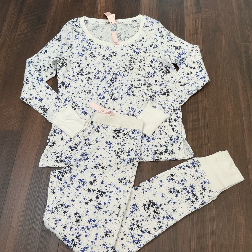 Victoria's Secret Star Print Pajama Set White Blue Waffle Knit 2pc Small NWT